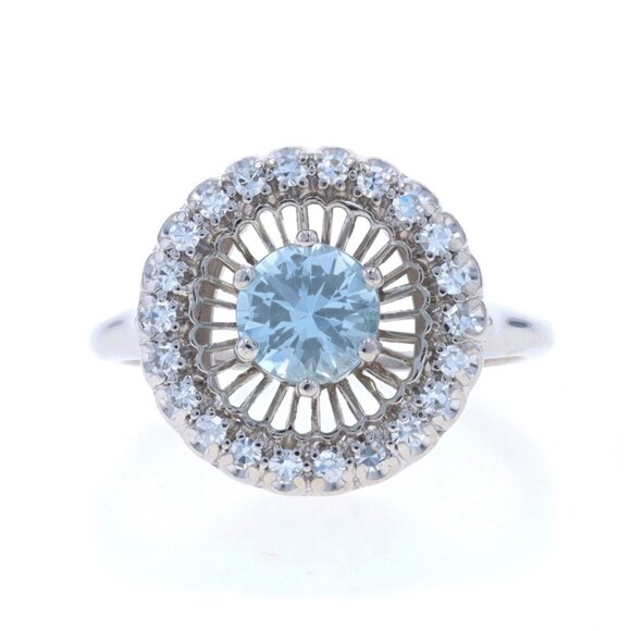 White Gold Aquamarine & Diamond Vintage Halo Ring - 18k Round .83ctw